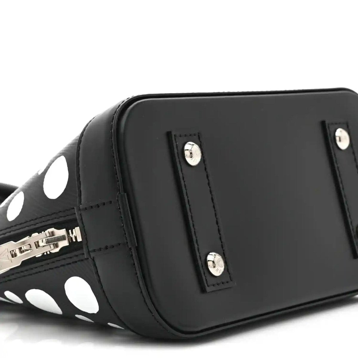 Alma BB bag side with smooth black panel, silver studs, and zipper hardware