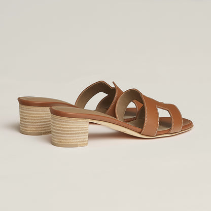 Hermès Oasis suede sandal with two wide straps, tan, block heel