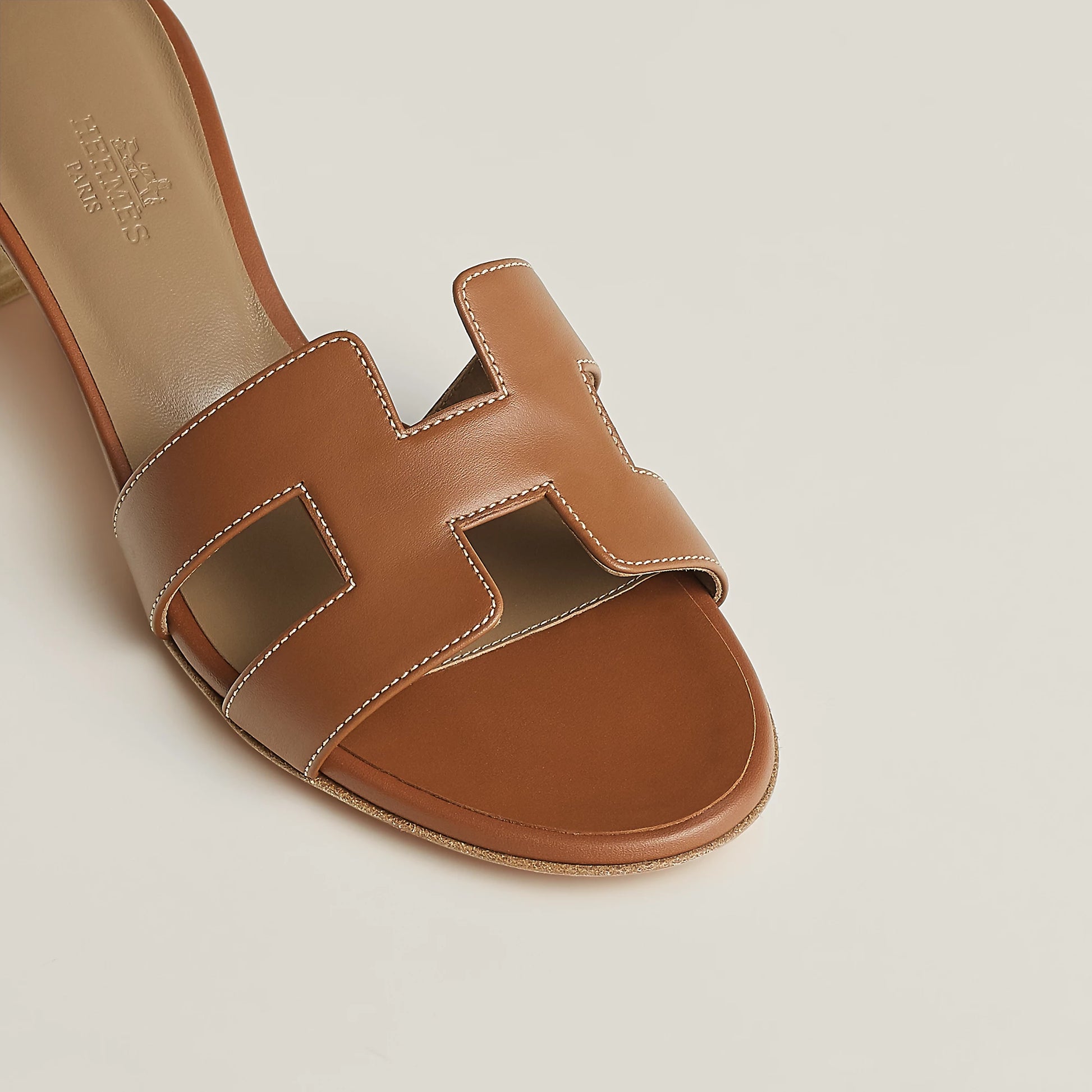 Hermès Oasis suede sandal with cutout H straps, light brown, block heel