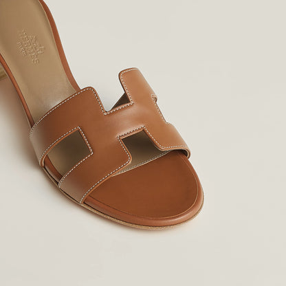 Hermès Oasis suede sandal with cutout H straps, light brown, block heel