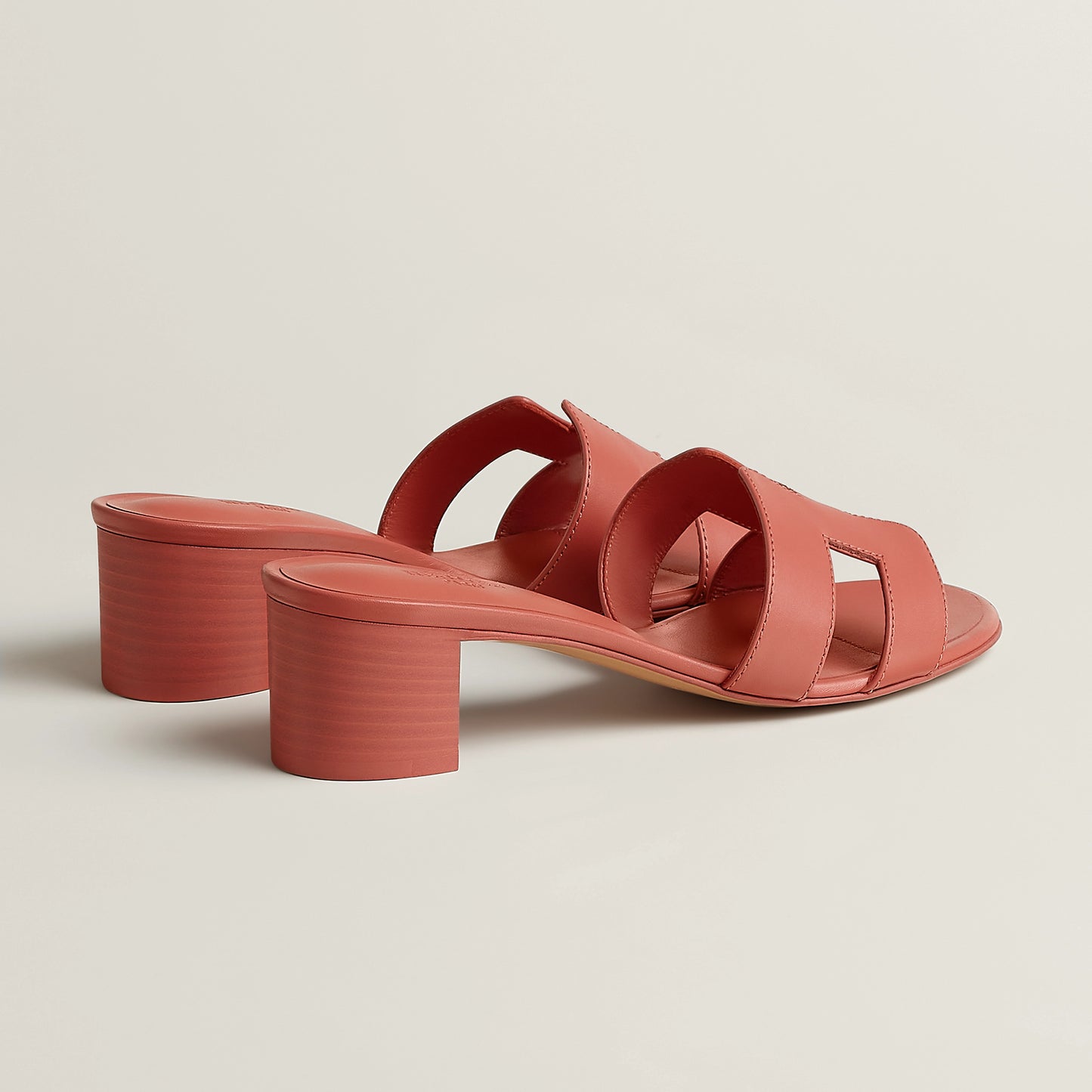 Hermès Oasis slide sandal with two straps, rose red, stacked block heel