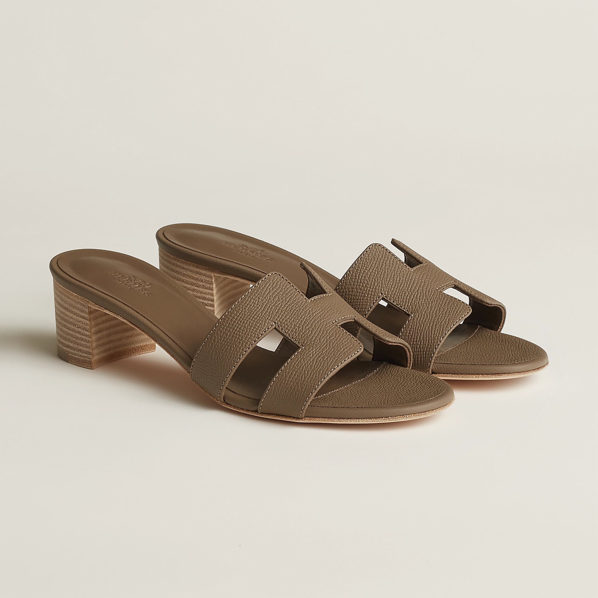 Hermès Oasis suede sandal with wide straps, olive brown, block heel
