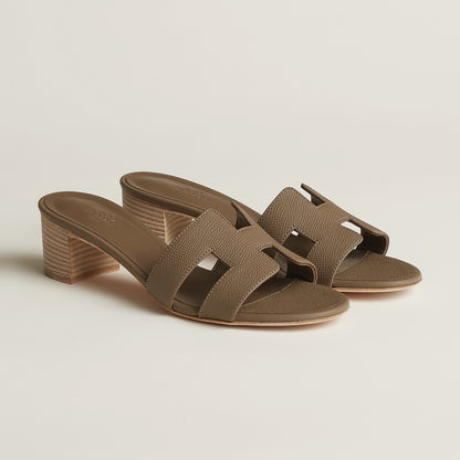 Hermès Oasis suede sandal with wide straps, olive brown, block heel