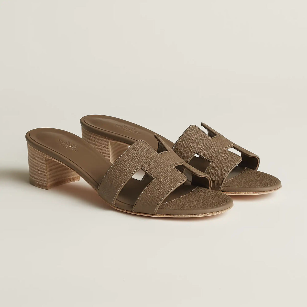 Hermès Oasis suede sandal with wide straps, olive brown, block heel