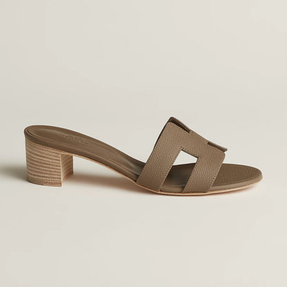 Hermès Oasis suede sandal with two straps, taupe brown, block heel
