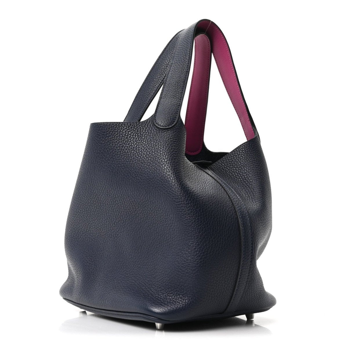 Navy leather bucket bag with curved silhouette and magenta-lined opening