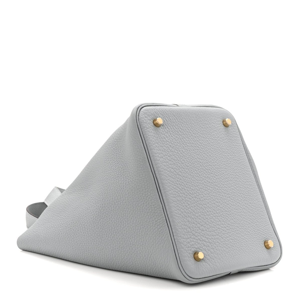 Gris leather tote bag with pebbled texture and gold corner hardware
