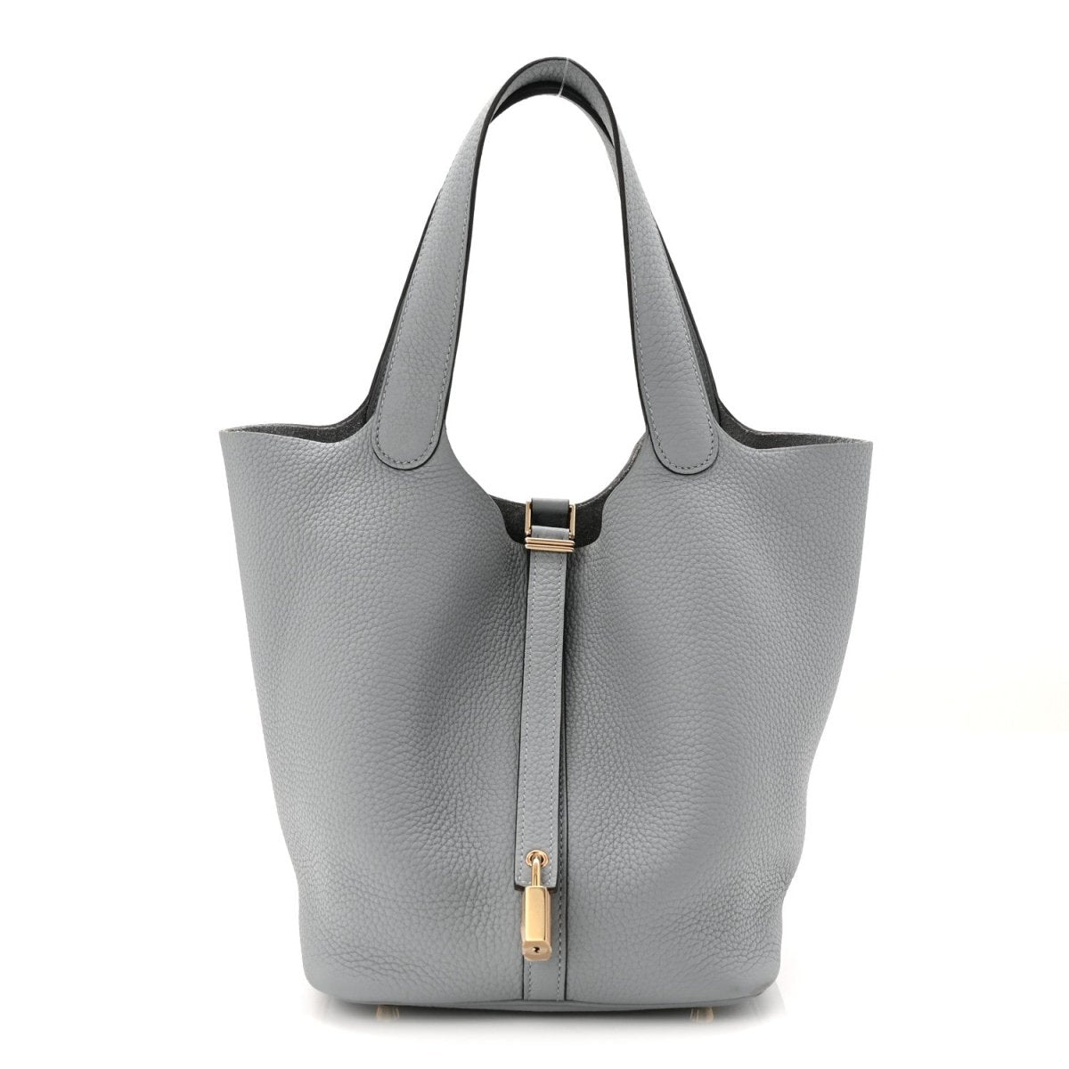Gris pebbled leather tote bag with handles and center lock detail