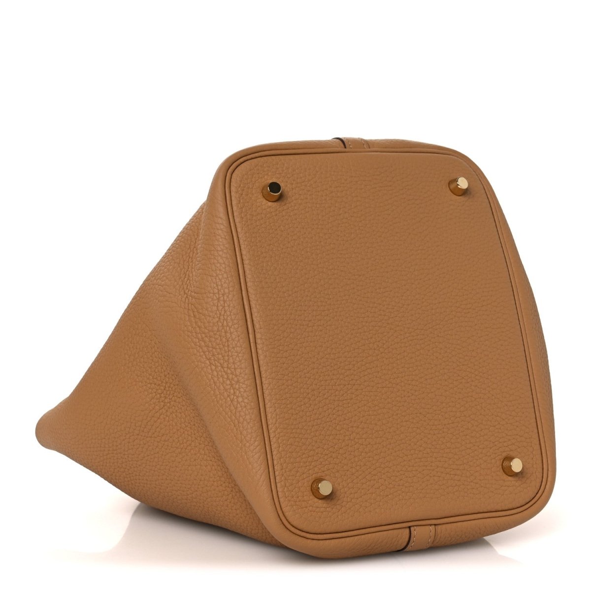 Pebbled leather tote bag corner view with metal studs, biscuit tan.