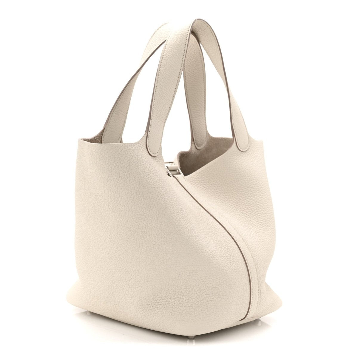 Off-white leather bucket bag from back/side with curved silhouette and handles