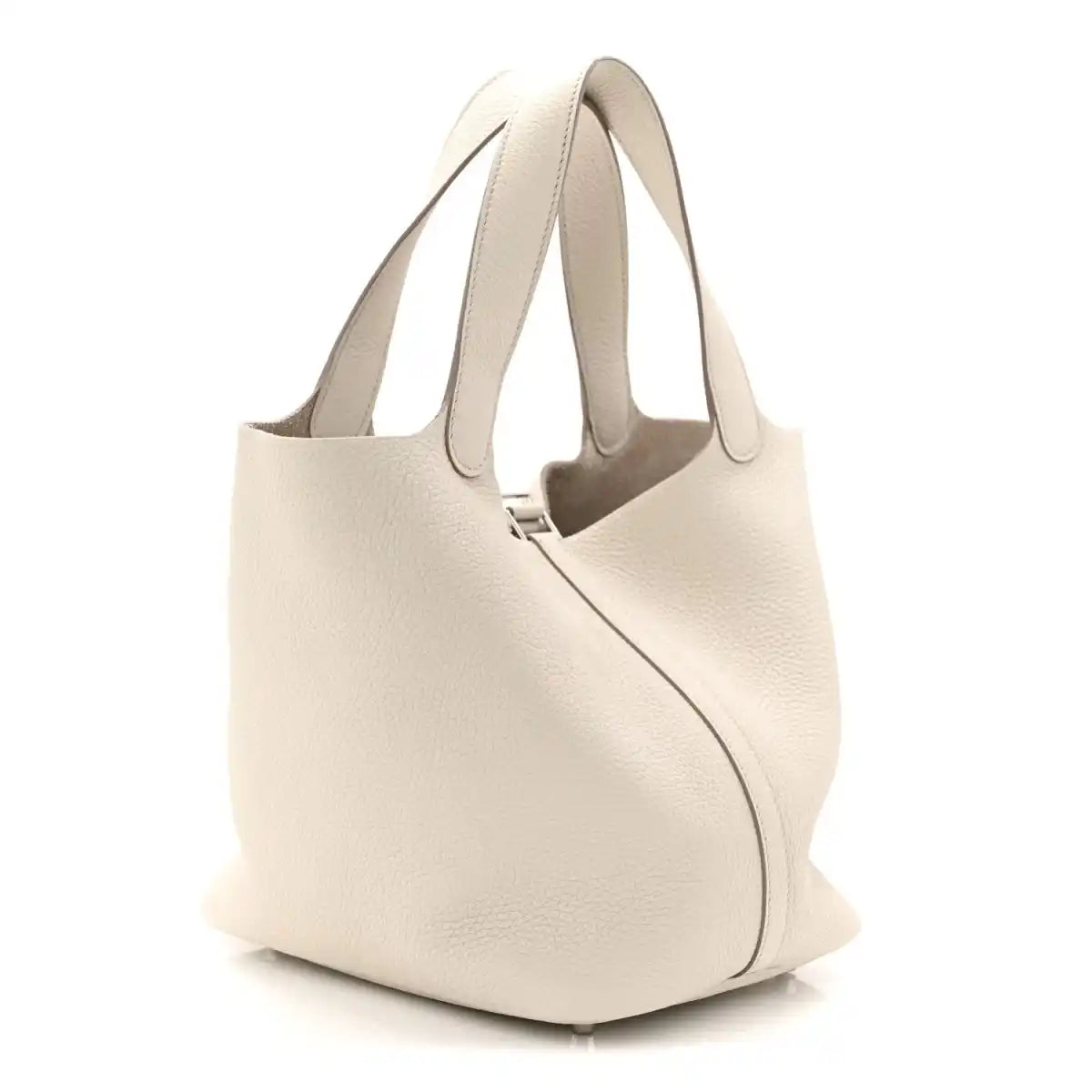 Off-white leather bucket bag from back/side with curved silhouette and handles