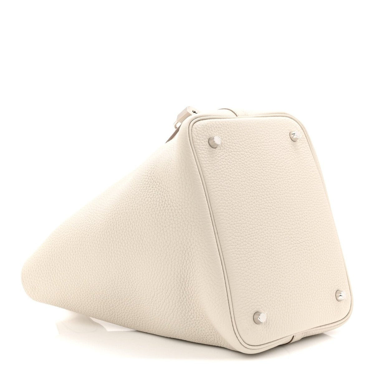 Off-white leather bucket bag with top handle and front lock strap detail