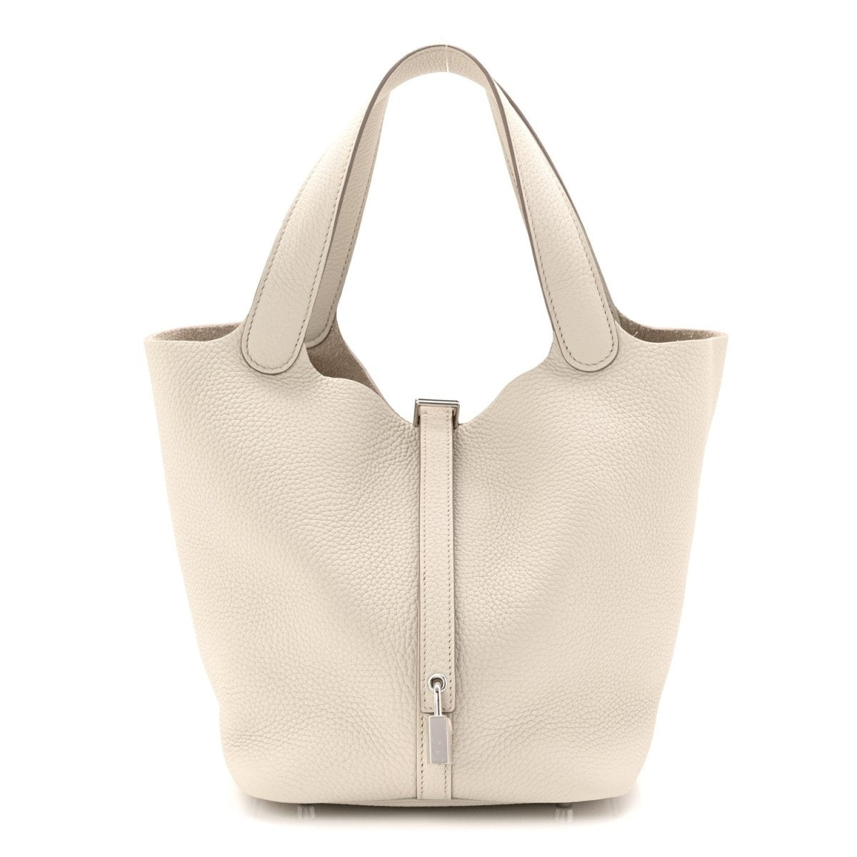 Off-white leather bucket bag with two top handles and center zipper opening