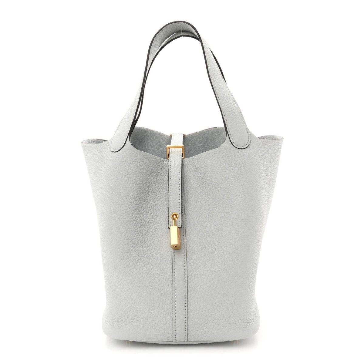 Picotin lock bucket tote, light blue pebbled leather, top handles and front clasp