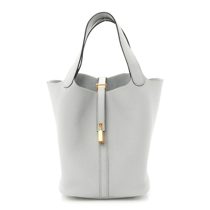 Picotin lock bucket tote, light blue pebbled leather, top handles and front clasp