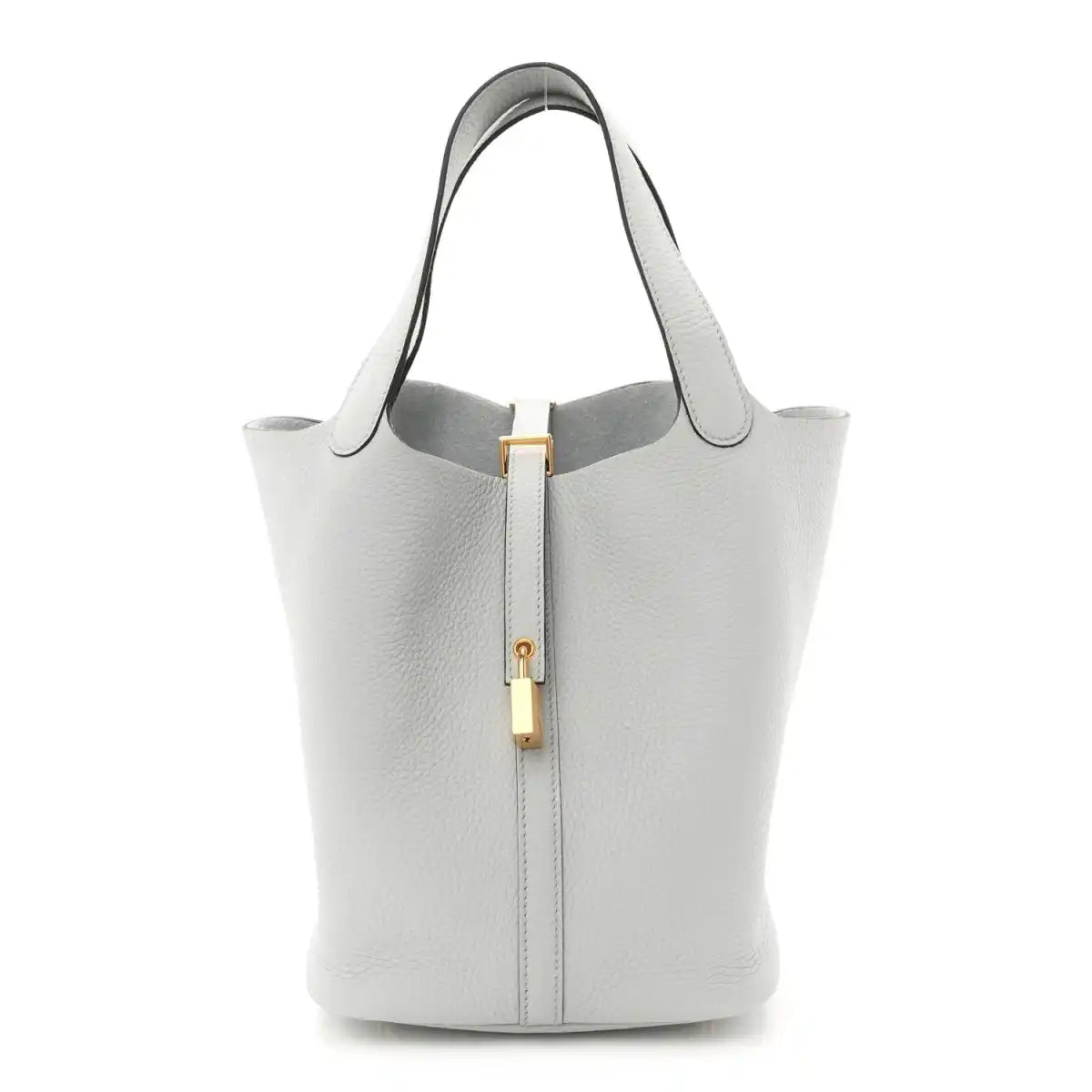 Picotin lock bucket tote, light blue pebbled leather, top handles and front clasp