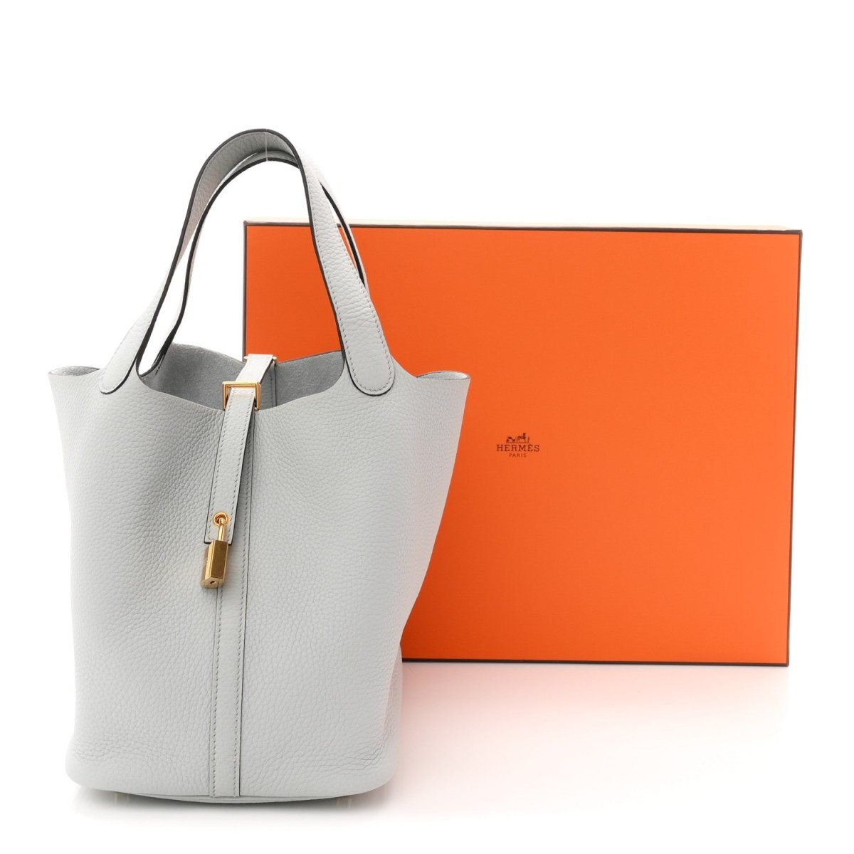 Pale blue leather bucket tote with top handles and gold lock detail