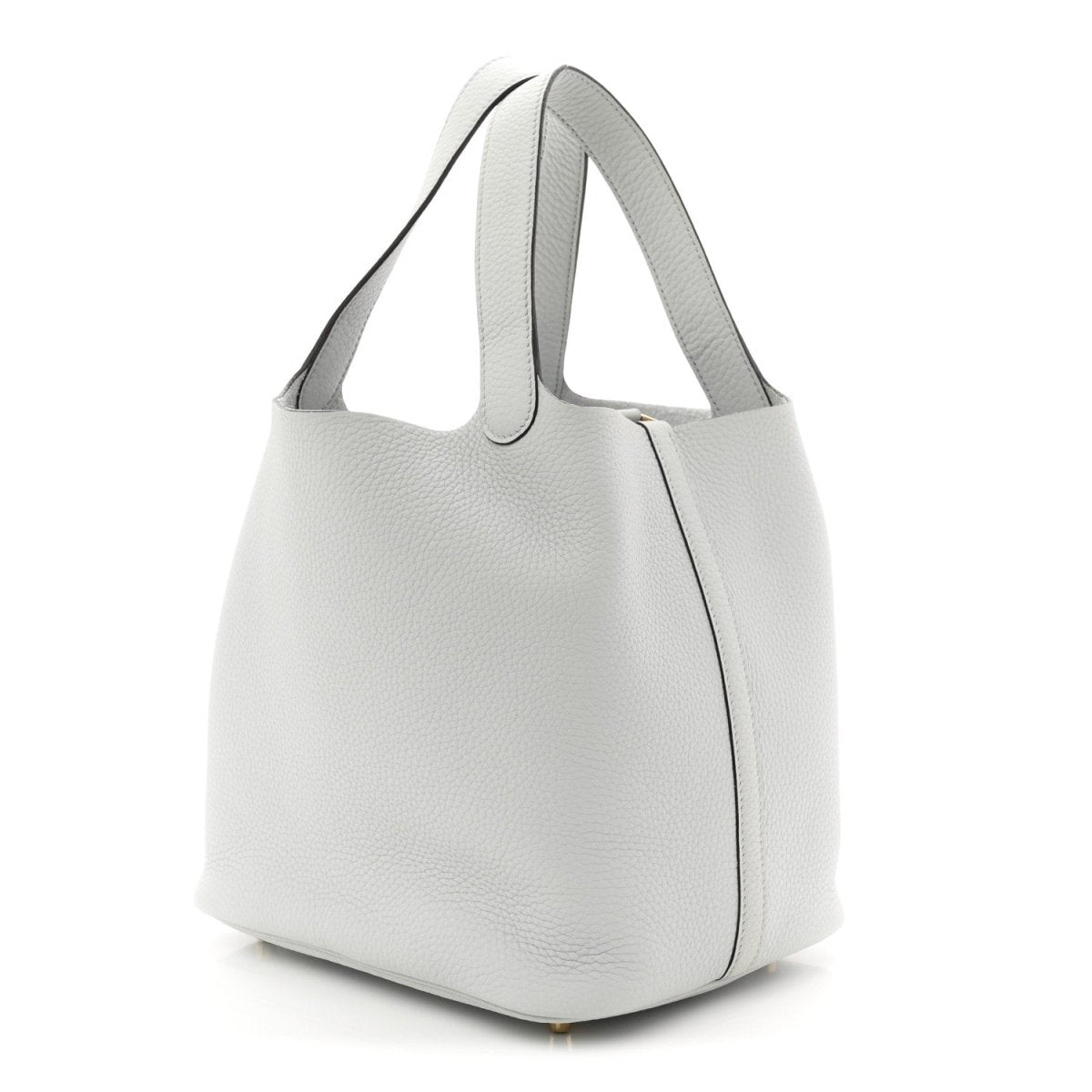 Light blue pebbled leather bucket tote with curved top handles and side seam