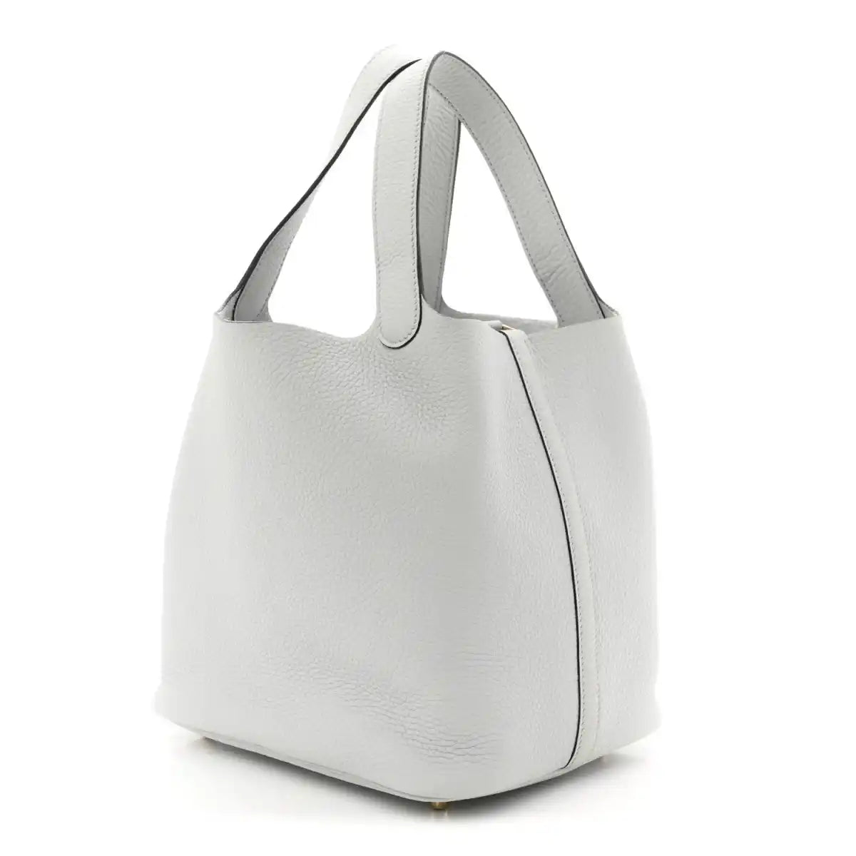 Light blue pebbled leather bucket tote with curved top handles and side seam