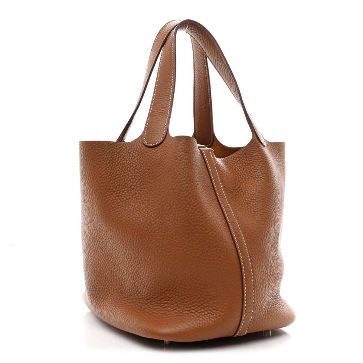 Tan leather tote bag with top handles and side seam detail