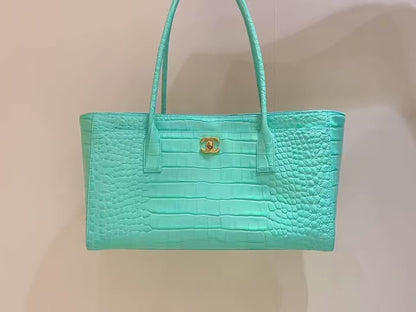 Chanel Small Cerf Shopping Bag in Teal Croc-Embossed Calfskin