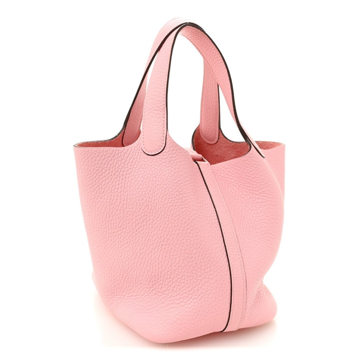 Rose pink leather bucket bag with wide straps and center seam