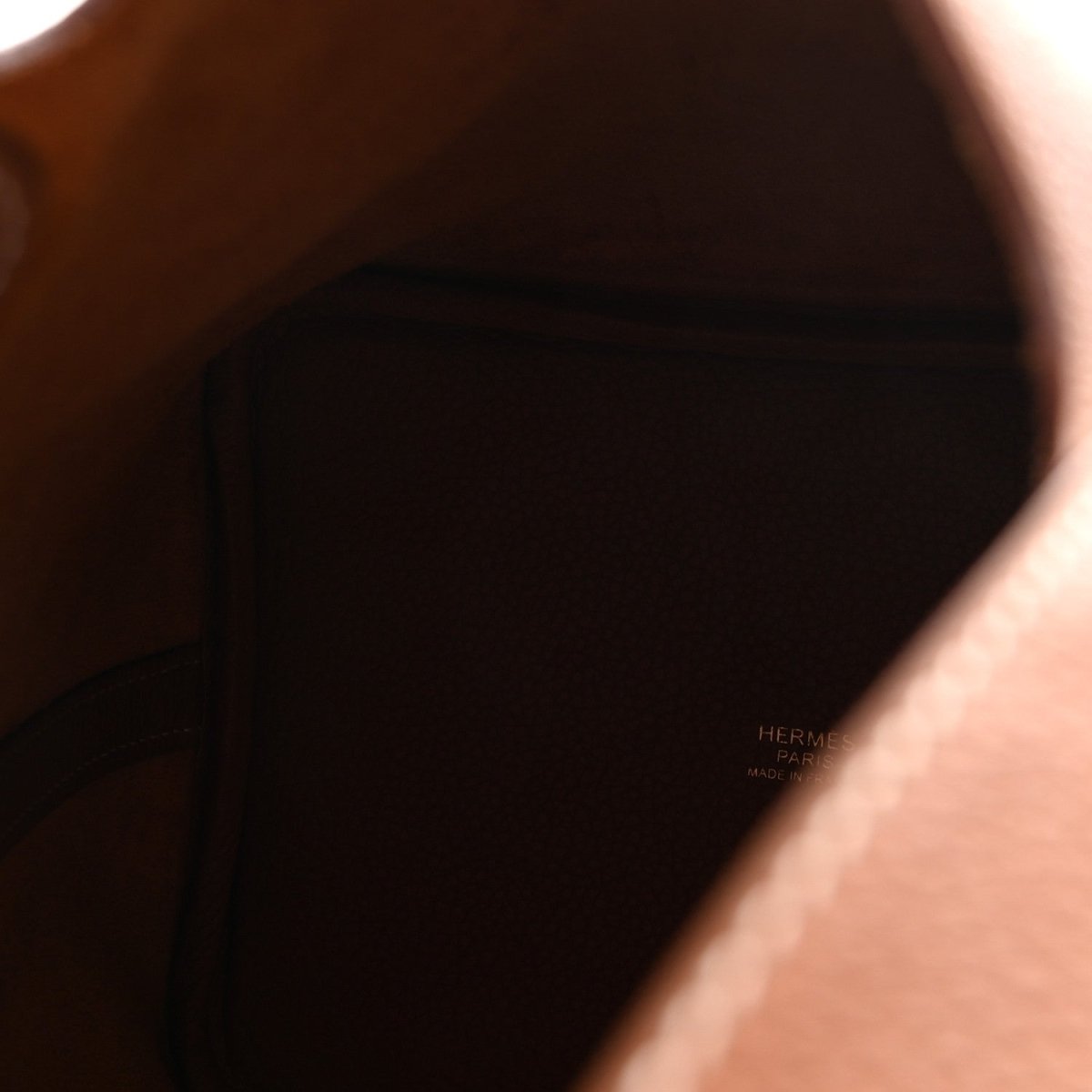 Leather handbag interior lining with embossed HERMES PARIS and Made in France text