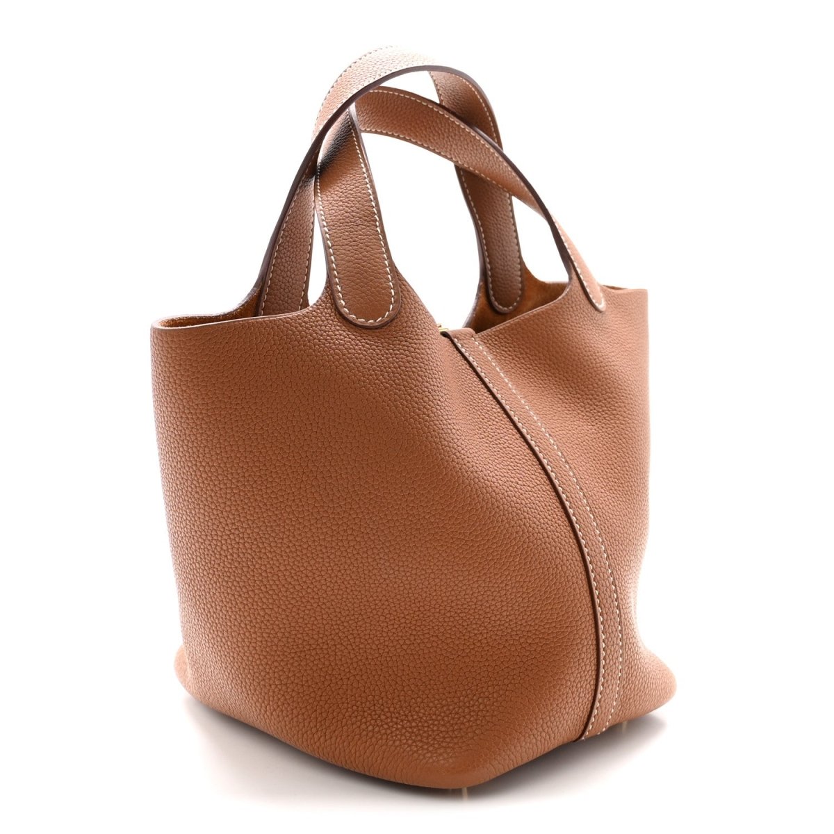 Brown leather Picotin-style handbag side view with top handles