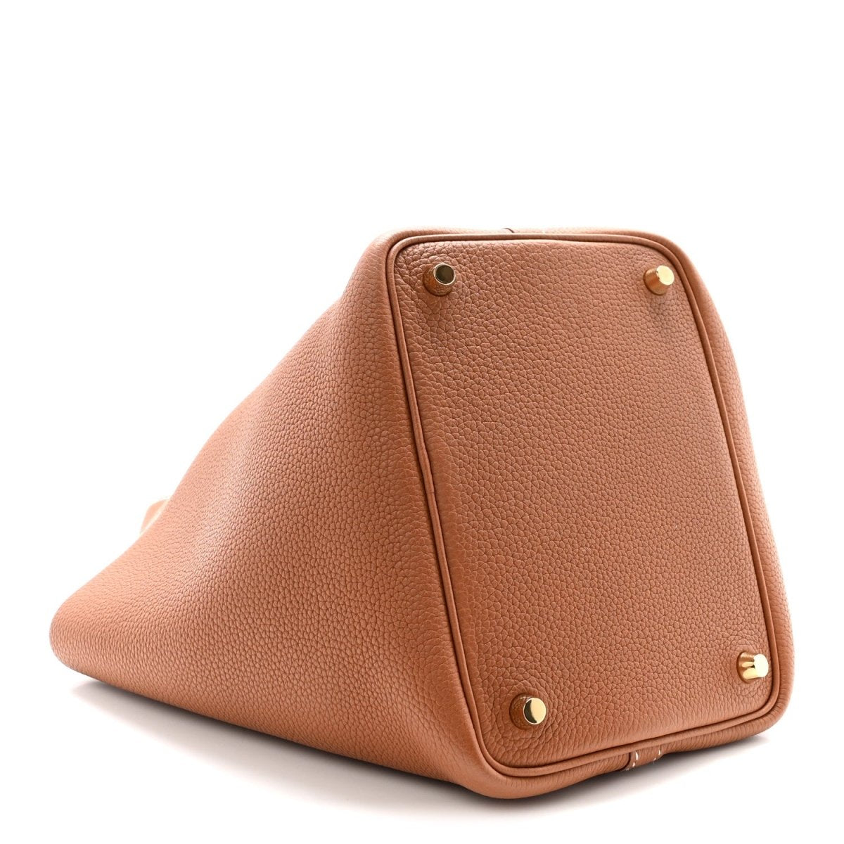 Tan leather Picotin-style handbag with triangular front and gold studs