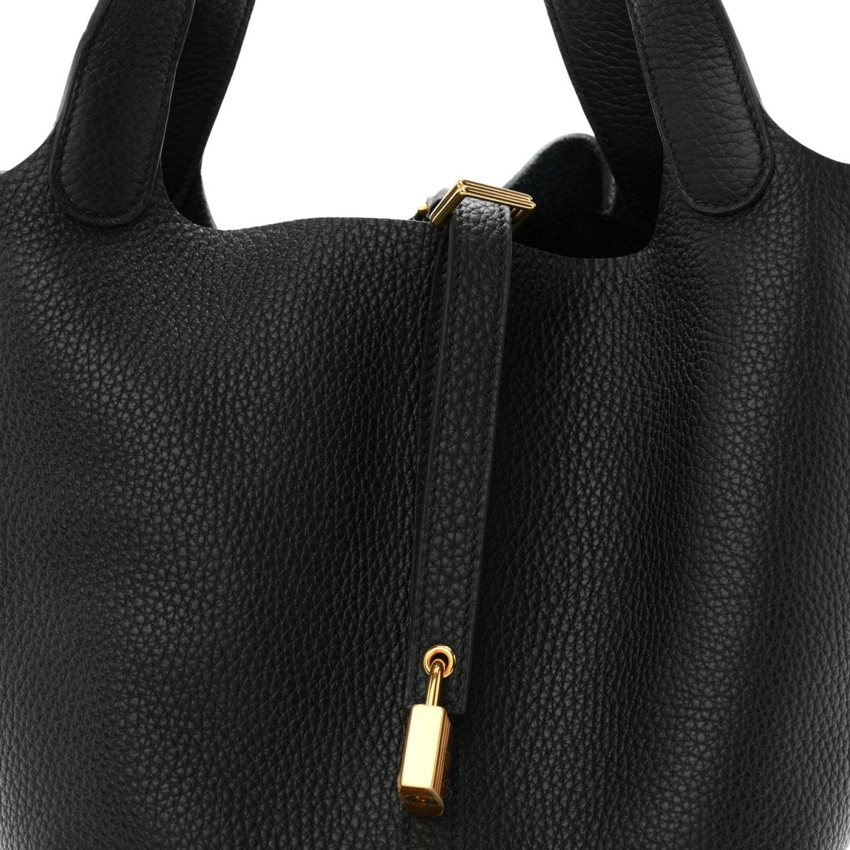 Black leather tote with top handles and gold-tone lock clasp with strap.