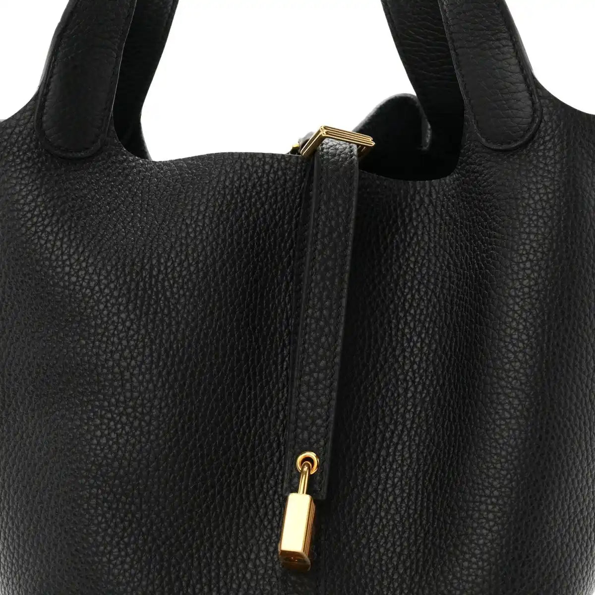 Black leather tote with top handles and gold-tone lock clasp with strap.