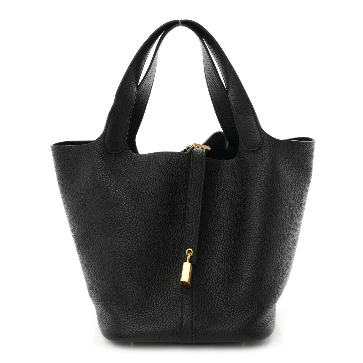 Black leather tote bag with two handles and central gold-tone lock detail.