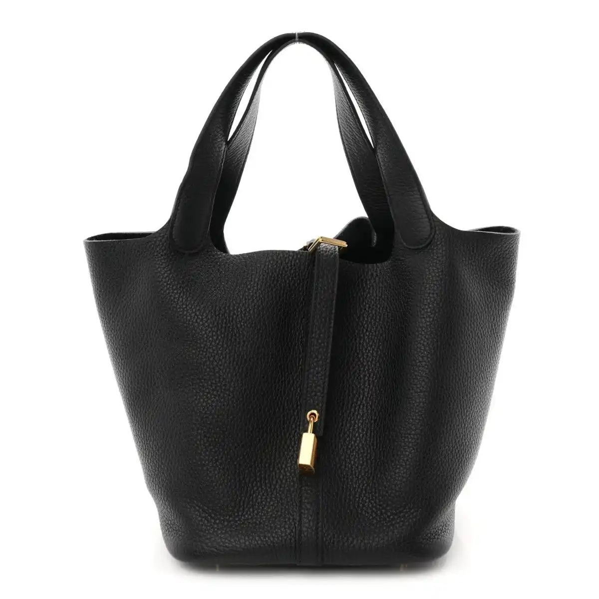 Black leather tote bag with two handles and central gold-tone lock detail.