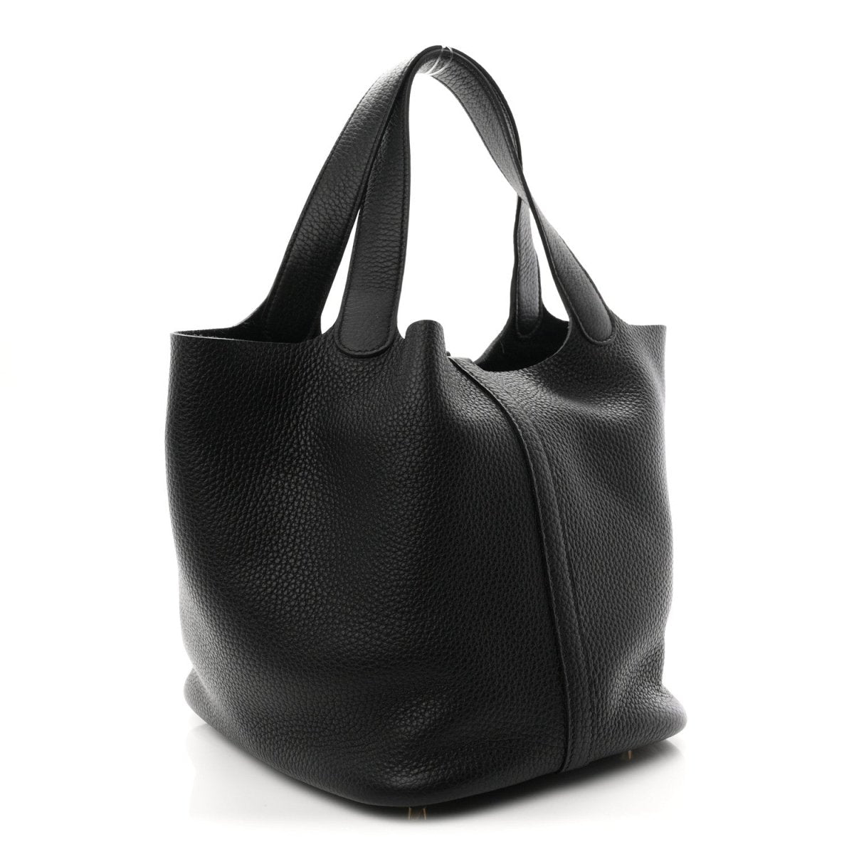Black leather shoulder tote with curved body and structured bottom.