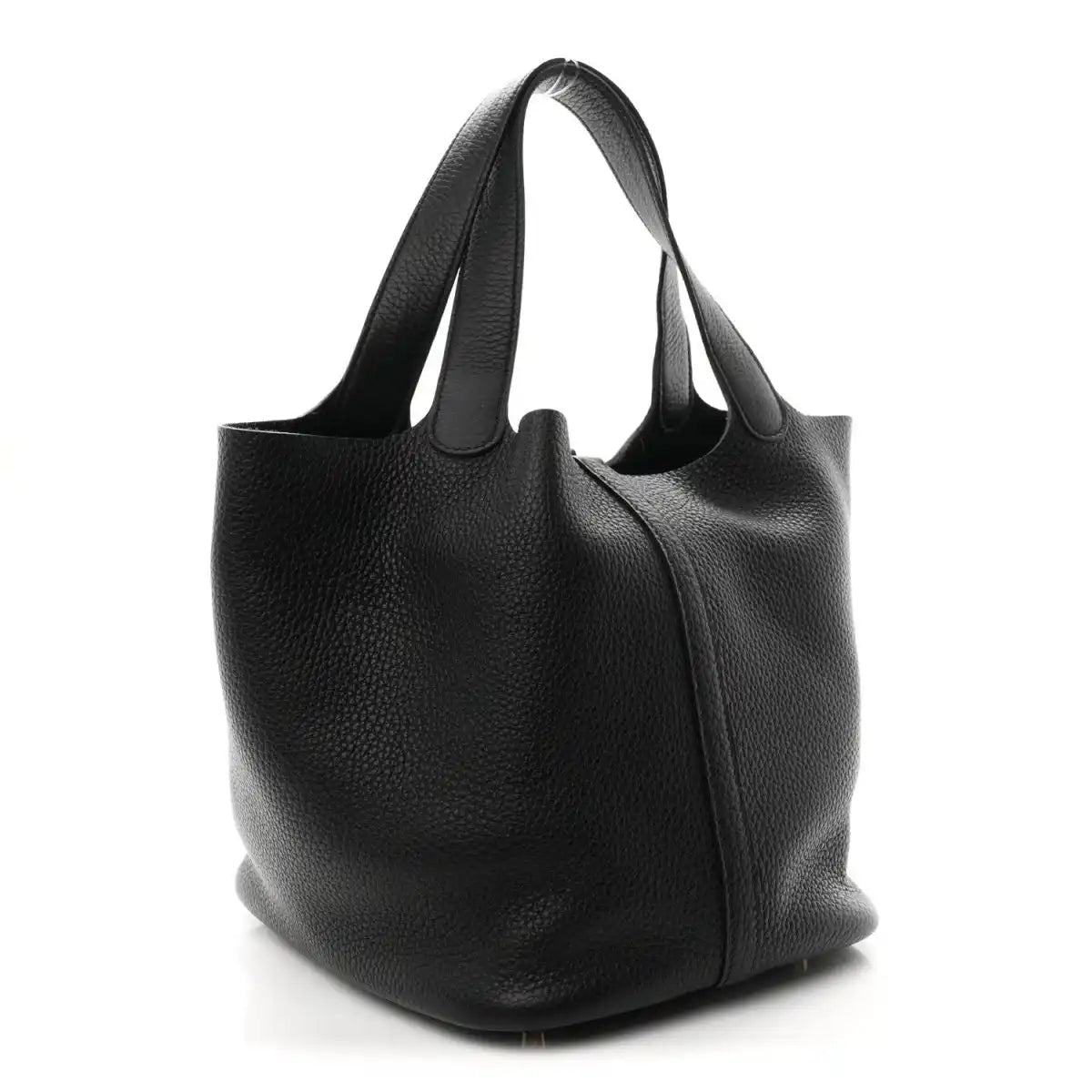 Black leather shoulder tote with curved body and structured bottom.