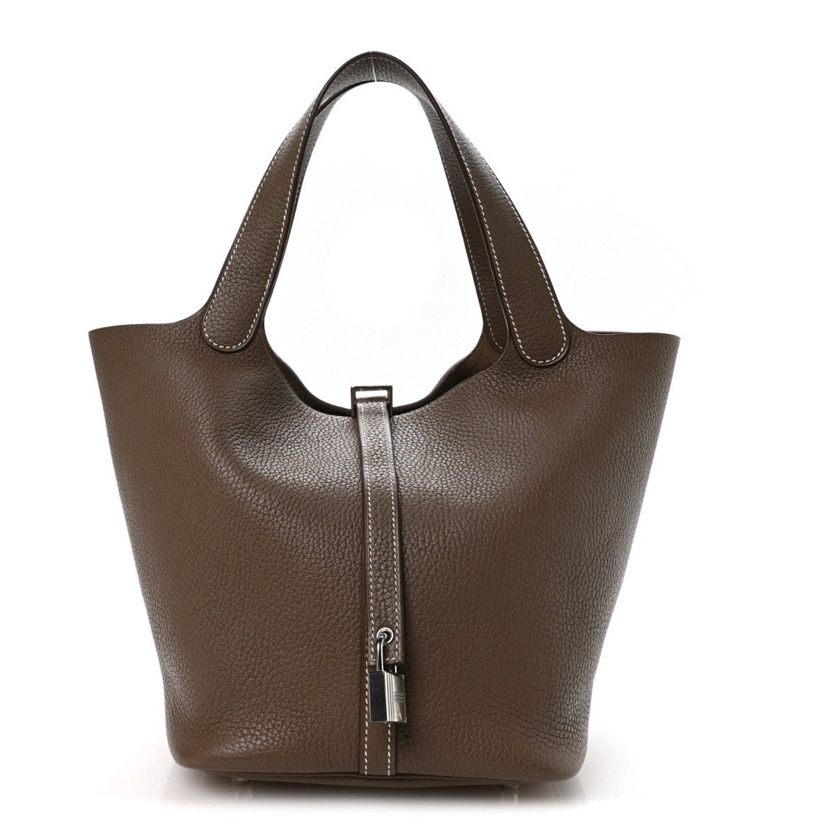 Taupe leather tote handbag with central lock and double top handles