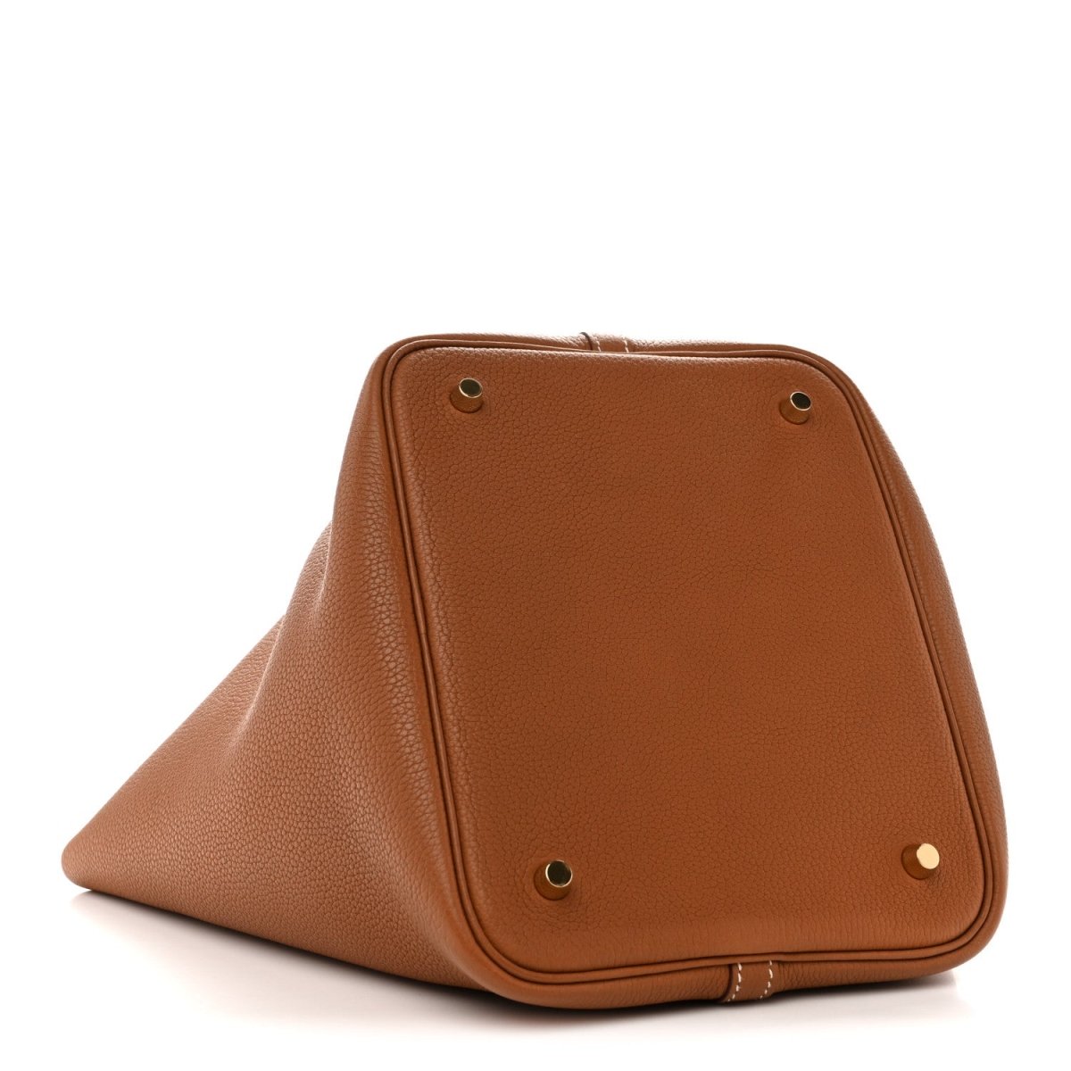 Tan leather tote bag with gold snap hardware on top corners