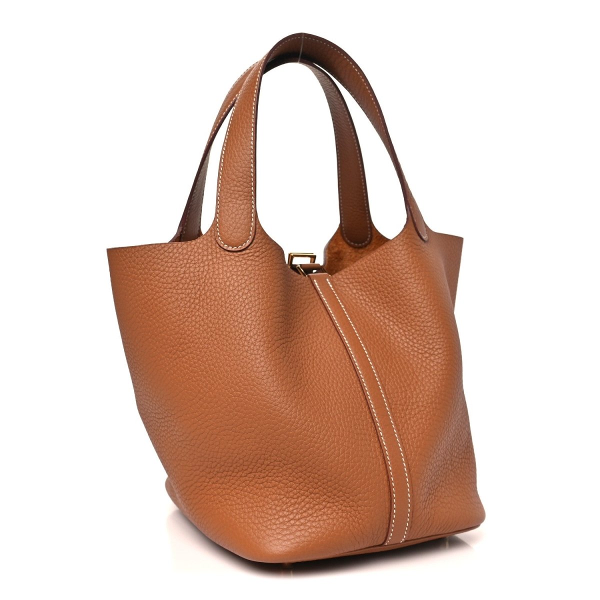 Leather tote bag with top handles and gold clasp, side seam detailing, tan/brown.