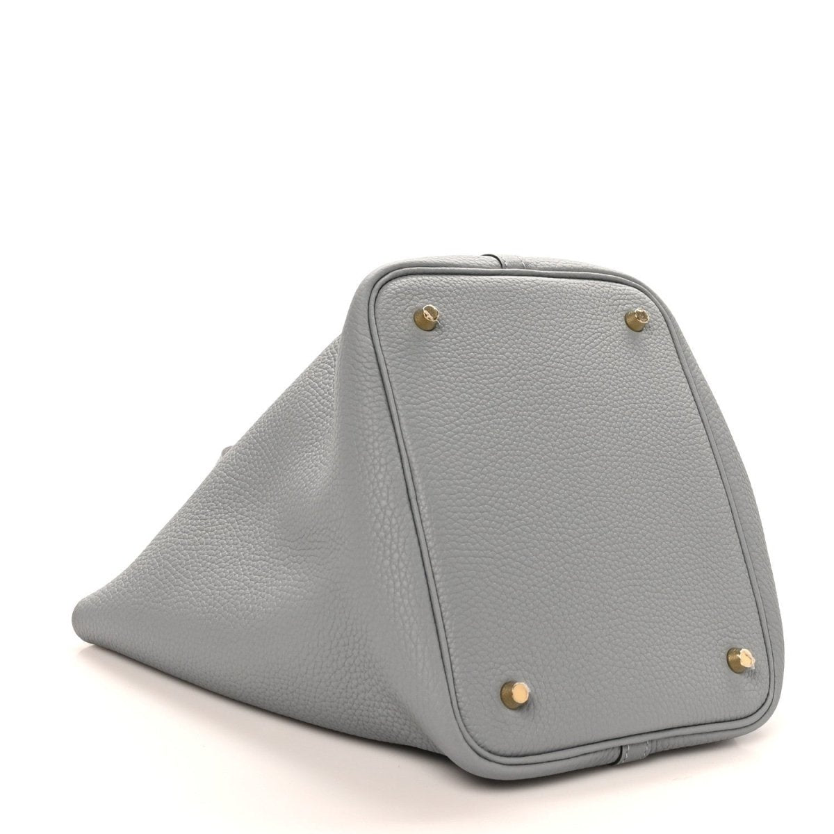 Grey leather tote bag with triangular fold and gold corner hardware