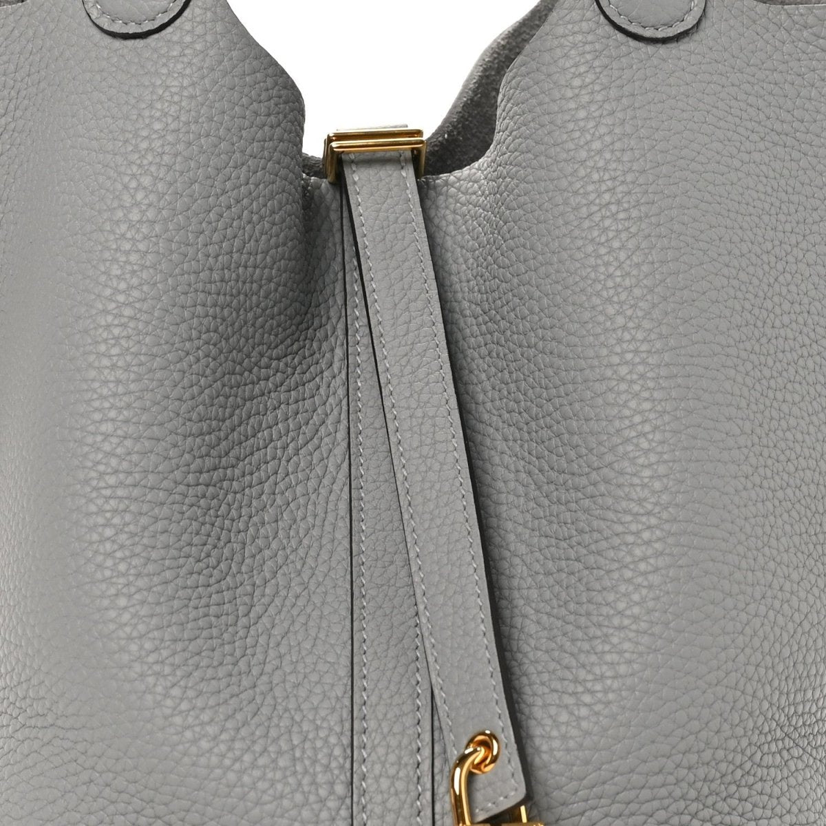 Grey leather tote top strap with gold buckle clasp