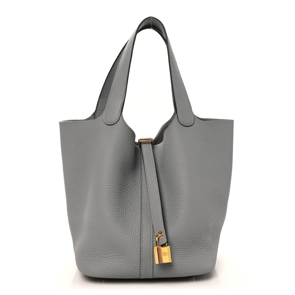 Grey leather Picotin-style tote bag with top handles and gold lock