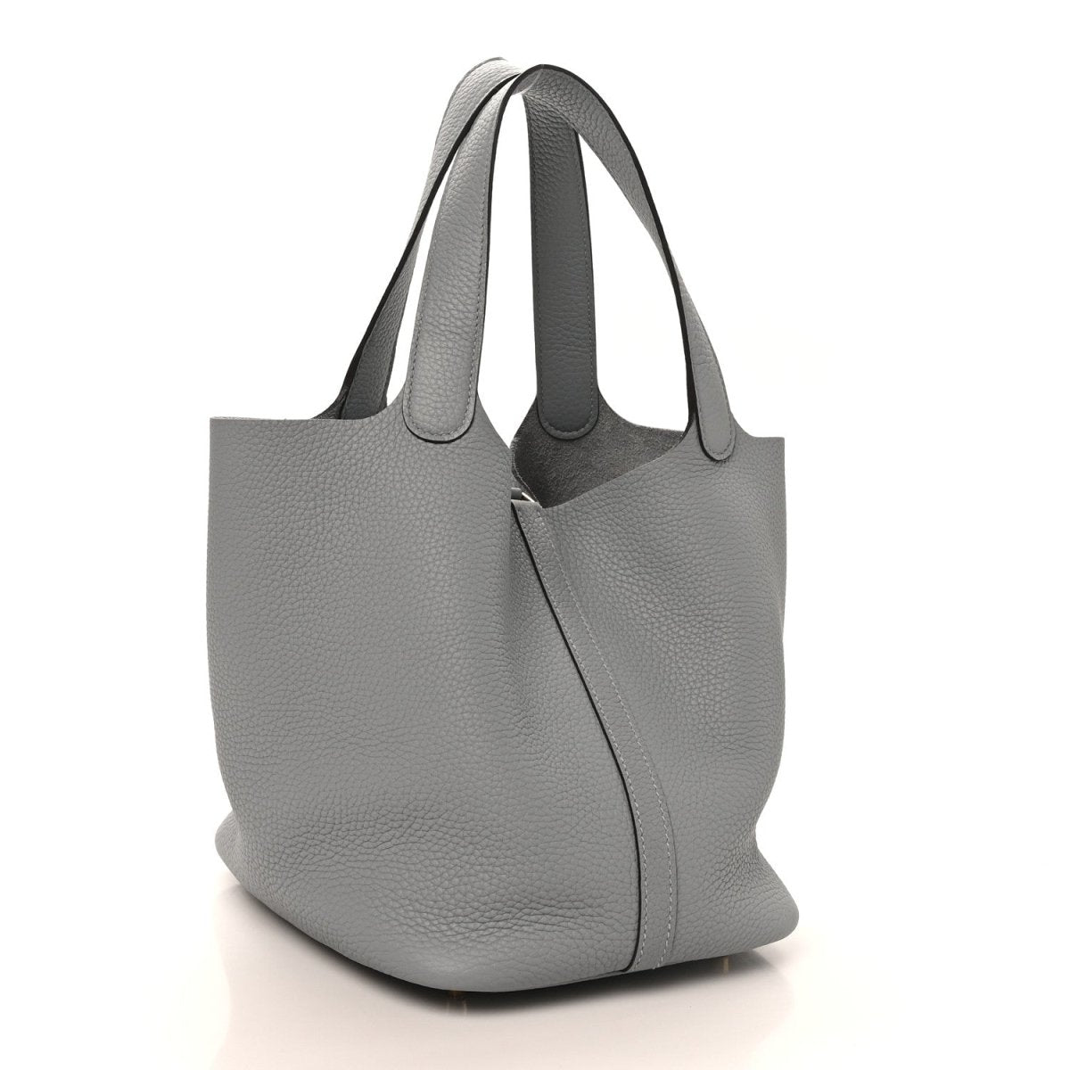 Grey leather tote bag with an adjustable strap and gold clasp lock