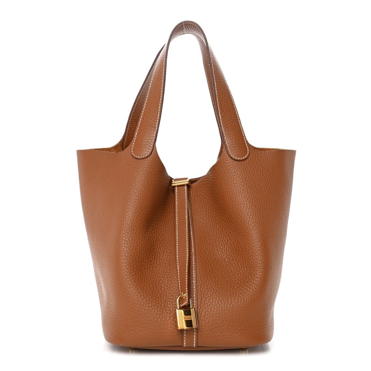 Tan leather bucket bag with dual handles and gold-tone Picotin lock closure