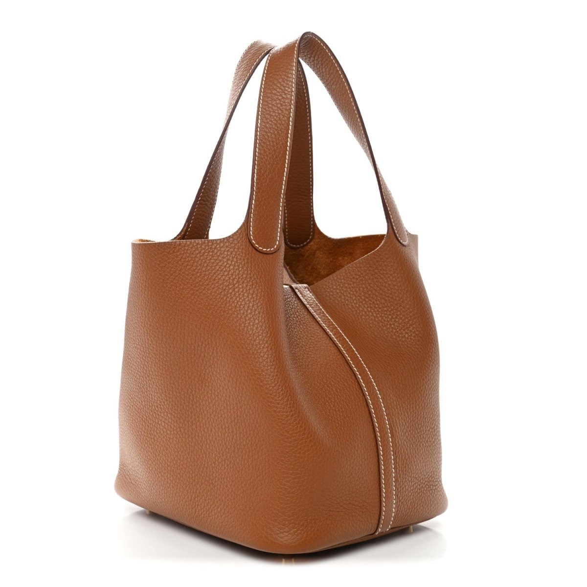 Tan leather bucket bag with structured body, curved front panel, and top handles
