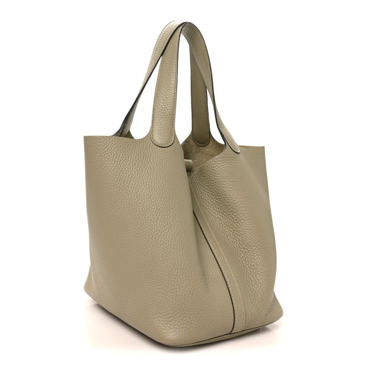 Sauge textured leather handbag with top handles and side seam detail