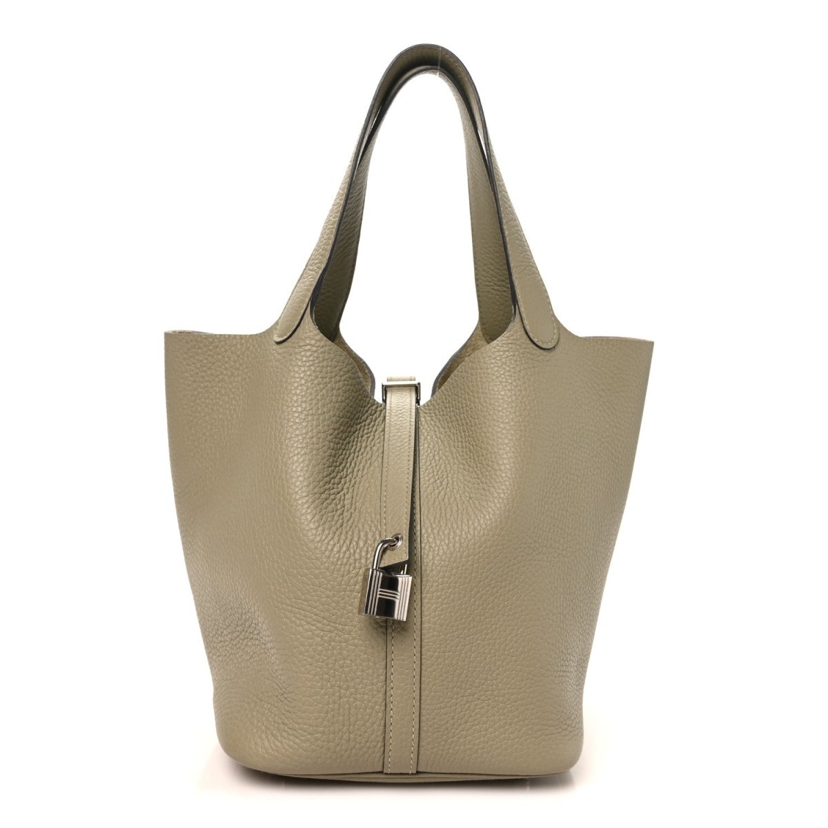 Sauge leather Picotin-style handbag with top handles and front lock clasp