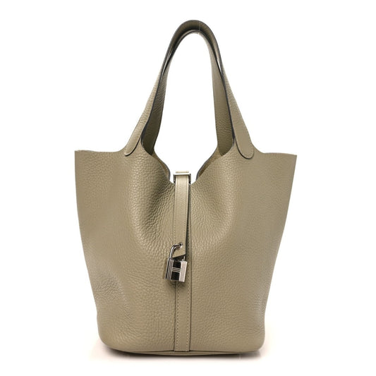 Sauge leather Picotin-style handbag with top handles and front lock clasp