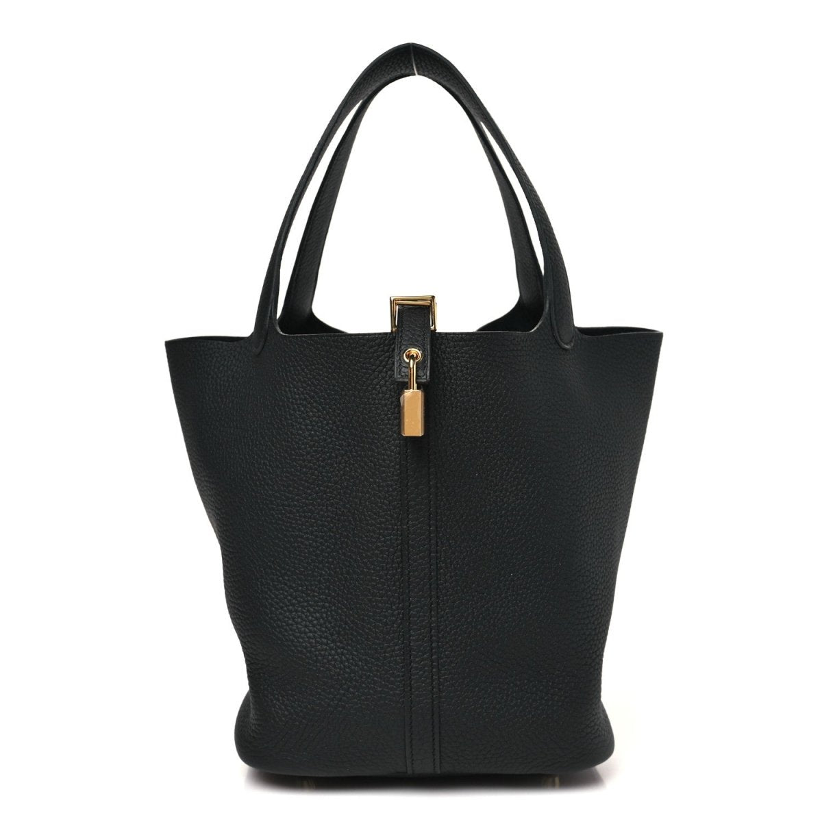 Black leather tote bag with central lock detail and structured top handles.
