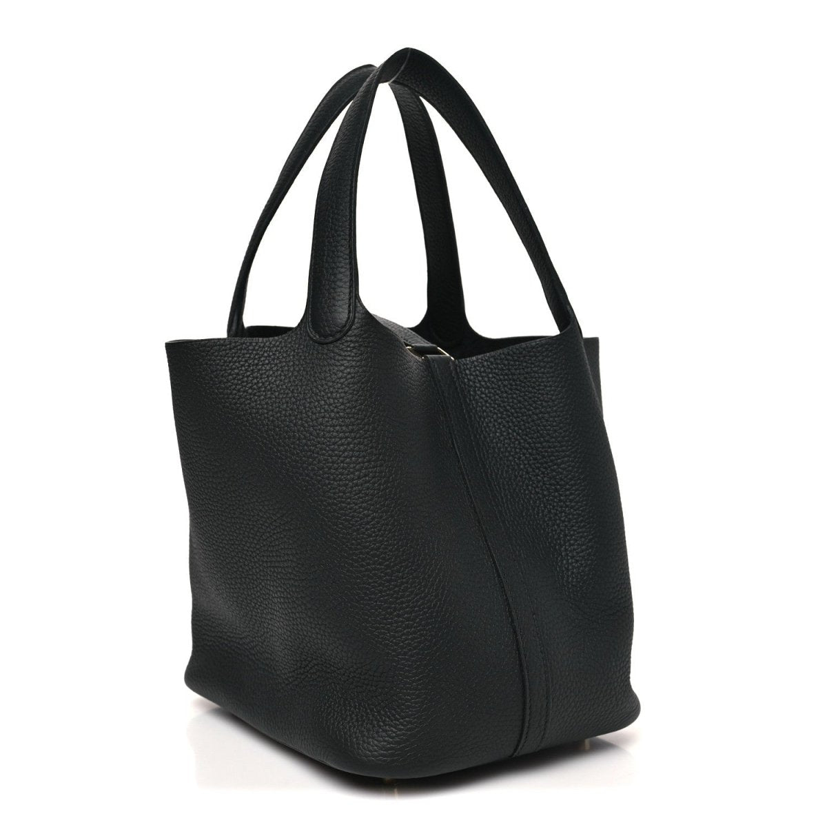 Black leather tote bag with textured finish, structured sides, and twin top handles.