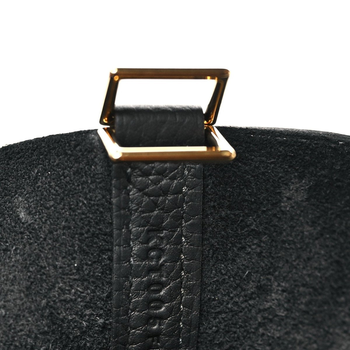 Black leather tote handle strap with gold-tone lock clasp hardware.